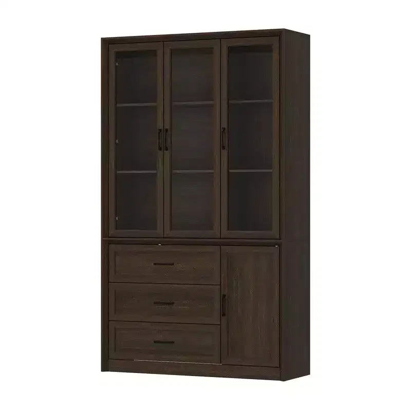 Vaisselier de cuisine marron/blanc avec portes vitrées – Armoire de rangement à 6 portes et 3 tiroirs, assemblage par 1 personne