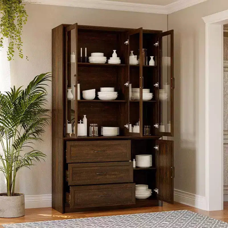 Vaisselier de cuisine marron/blanc avec portes vitrées – Armoire de rangement à 6 portes et 3 tiroirs, assemblage par 1 personne