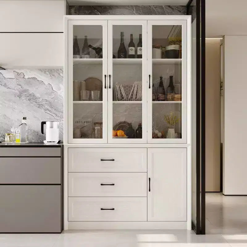 Vaisselier de cuisine marron/blanc avec portes vitrées – Armoire de rangement à 6 portes et 3 tiroirs, assemblage par 1 personne