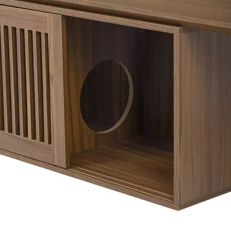 Meuble TV en noyer avec griffoir et rangement, extensible, pour téléviseurs jusqu'à 85 pouces