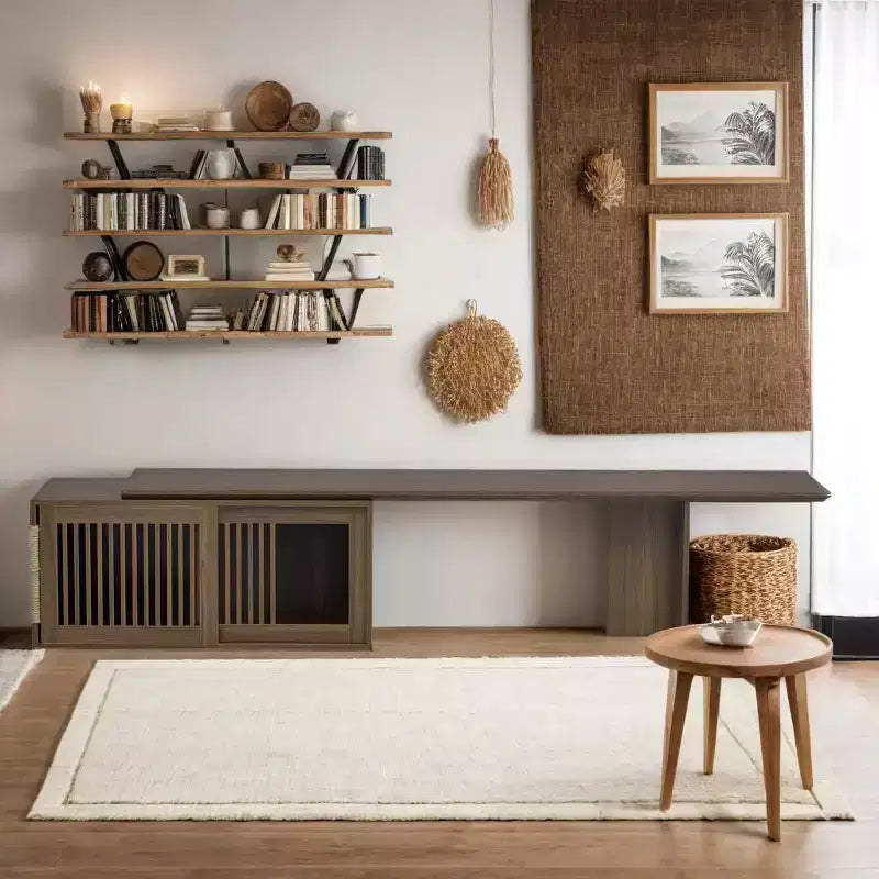 Meuble TV en noyer avec griffoir et rangement, extensible, pour téléviseurs jusqu'à 85 pouces