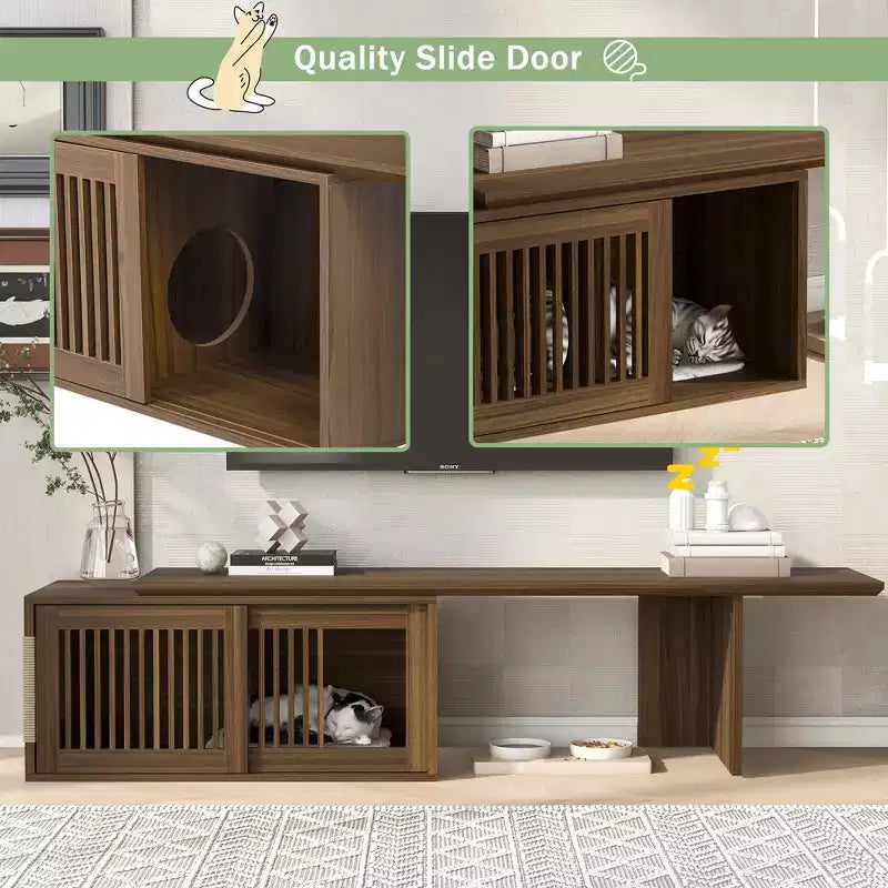 Meuble TV en noyer avec griffoir et rangement, extensible, pour téléviseurs jusqu'à 85 pouces