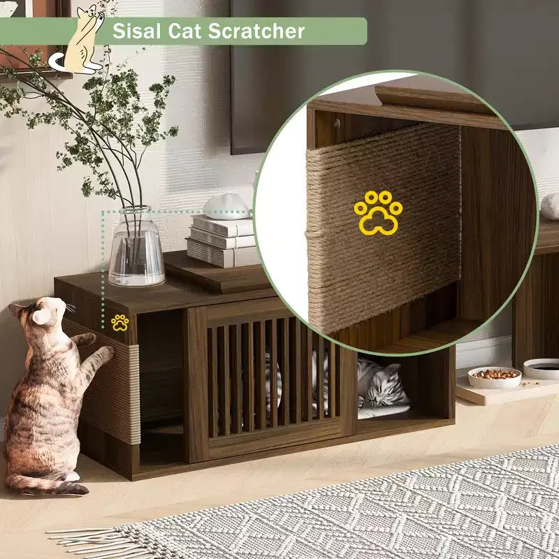 Meuble TV en noyer avec griffoir et rangement, extensible, pour téléviseurs jusqu'à 85 pouces
