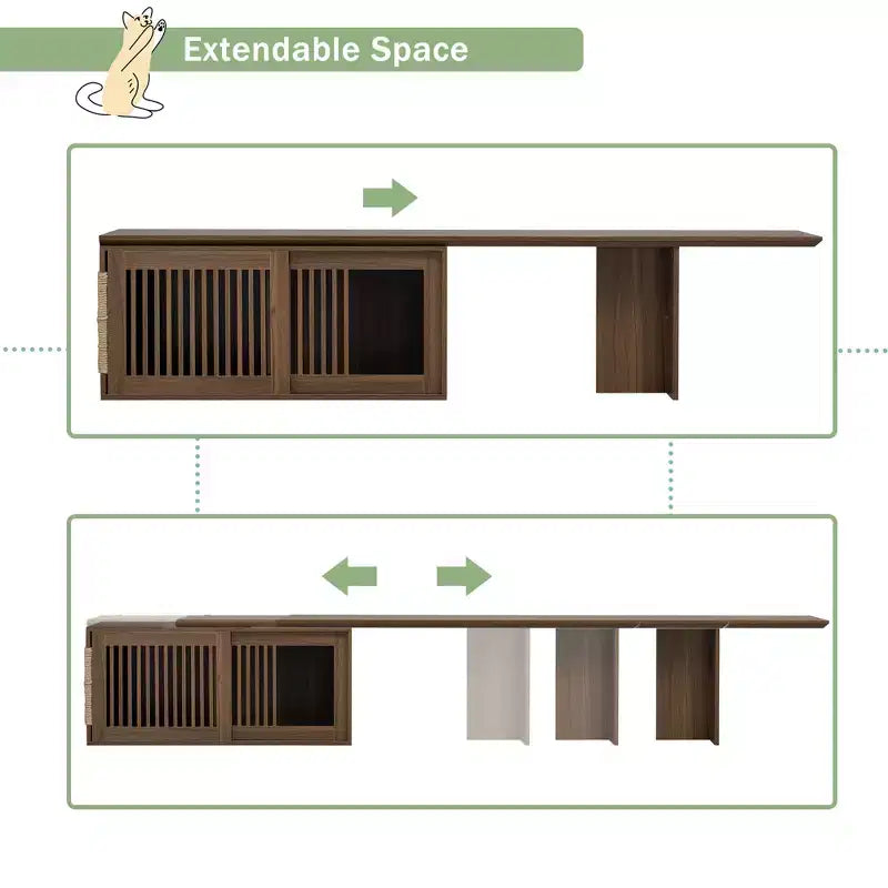 Meuble TV en noyer avec griffoir et rangement, extensible, pour téléviseurs jusqu'à 85 pouces