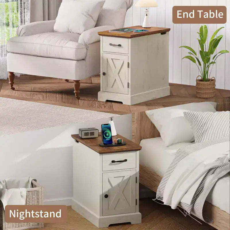 Table d'appoint de ferme marron/blanc avec plateau relevable, station de recharge et rangement, 1 pièce