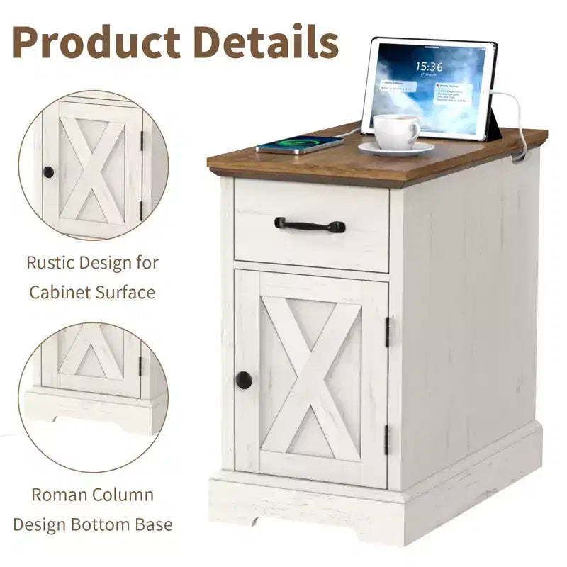 Table d'appoint de ferme marron/blanc avec plateau relevable, station de recharge et rangement, 1 pièce
