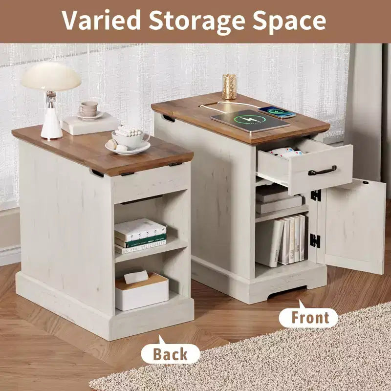 Table d'appoint de ferme marron/blanc avec plateau relevable, station de recharge et rangement, 1 pièce
