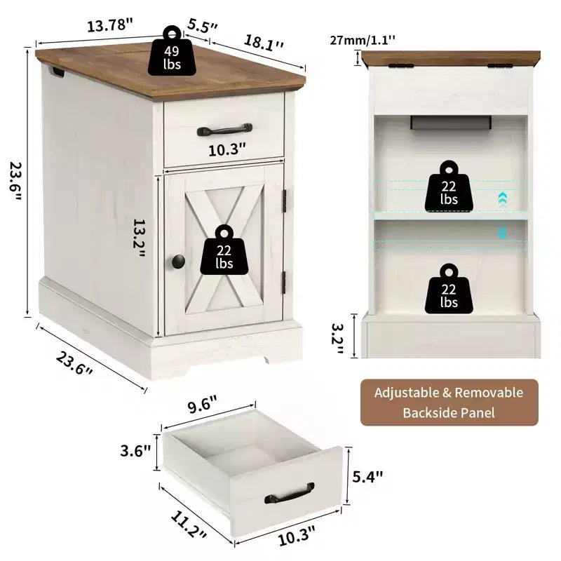 Table d'appoint de ferme marron/blanc avec plateau relevable, station de recharge et rangement, 1 pièce