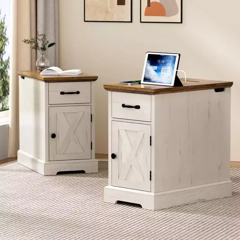 Table d'appoint de ferme marron/blanc avec plateau relevable, station de recharge et rangement, 1 pièce