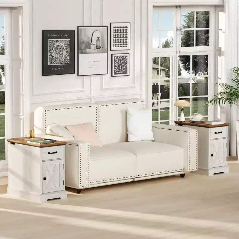 Table d'appoint de ferme marron/blanc avec plateau relevable, station de recharge et rangement, 1 pièce