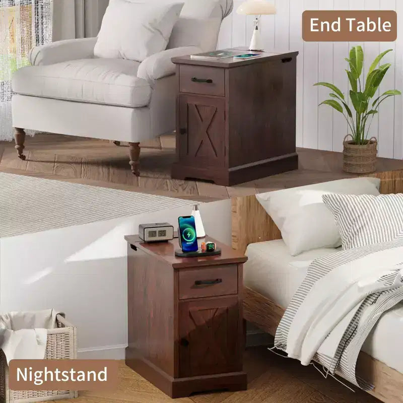 Table d'appoint de ferme marron/blanc avec plateau relevable, station de recharge et rangement, 1 pièce