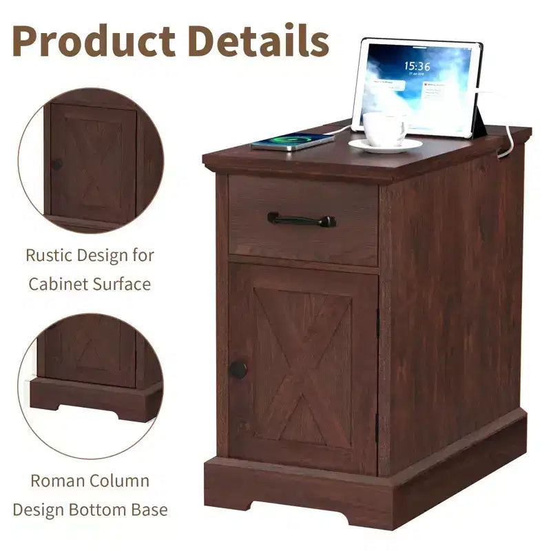 Table d'appoint de ferme marron/blanc avec plateau relevable, station de recharge et rangement, 1 pièce
