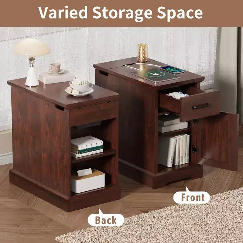 Table d'appoint de ferme marron/blanc avec plateau relevable, station de recharge et rangement, 1 pièce
