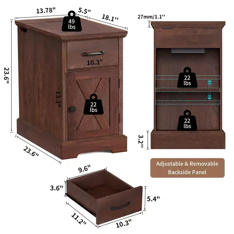 Table d'appoint de ferme marron/blanc avec plateau relevable, station de recharge et rangement, 1 pièce