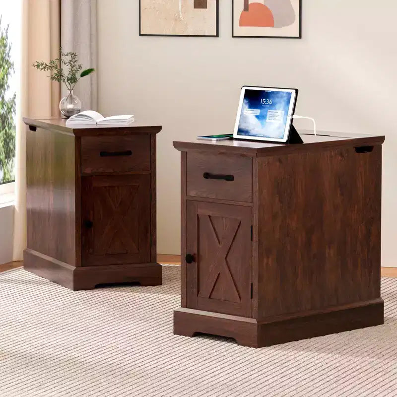 Table d'appoint de ferme marron/blanc avec plateau relevable, station de recharge et rangement, 1 pièce