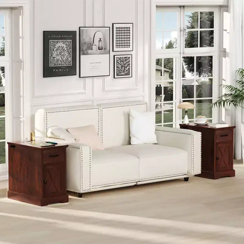 Table d'appoint de ferme marron/blanc avec plateau relevable, station de recharge et rangement, 1 pièce