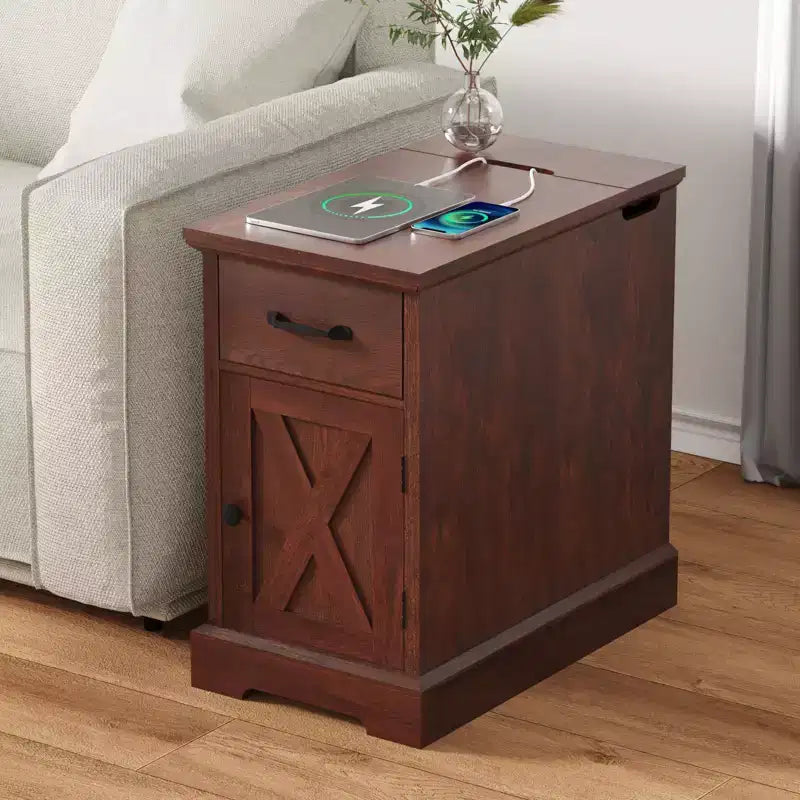 Table d'appoint de ferme marron/blanc avec plateau relevable, station de recharge et rangement, 1 pièce