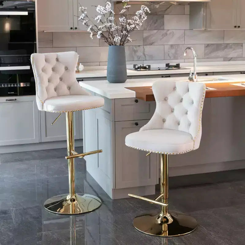 Tabouret de bar pivotant à dossier haut en velours beige / noir / gris, lot de 2