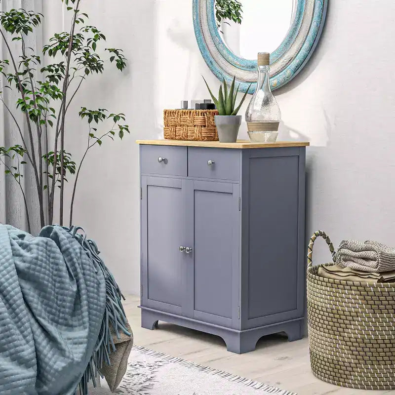 Meuble bas de salle à manger gris à deux portes avec 2 tiroirs, étagère réglable