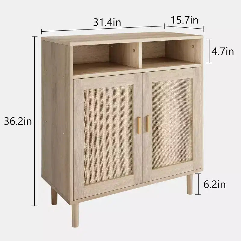 Buffet en rotin et bois naturel, meuble de rangement 4 portes et 1 tiroir, pour 1 à 2 personnes