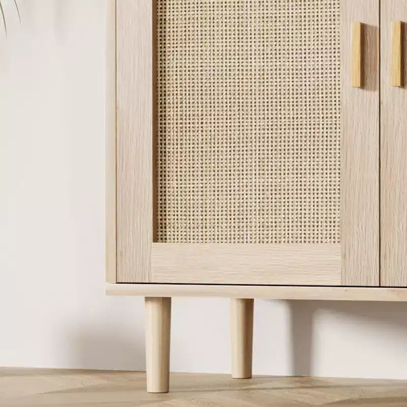Buffet en rotin et bois naturel, meuble de rangement 4 portes et 1 tiroir, pour 1 à 2 personnes