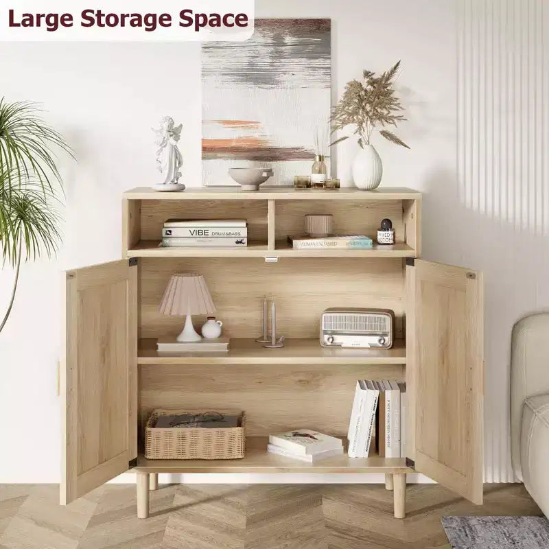 Buffet en rotin et bois naturel, meuble de rangement 4 portes et 1 tiroir, pour 1 à 2 personnes