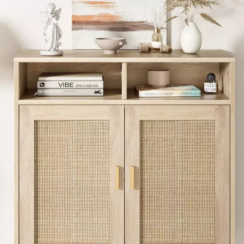 Buffet en rotin et bois naturel, meuble de rangement 4 portes et 1 tiroir, pour 1 à 2 personnes