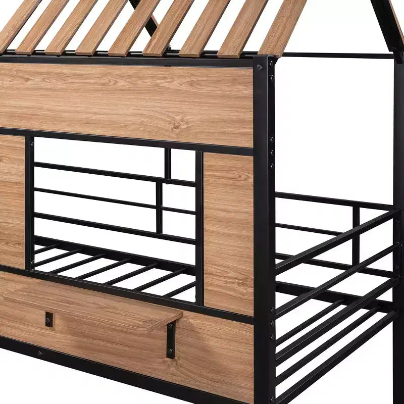 Lit mezzanine en métal en forme de maison, jumeau, 1 personne – Noir / Argent / Blanc
