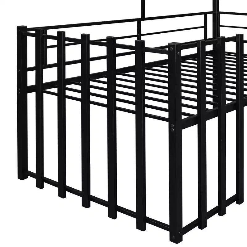 Lit mezzanine en métal en forme de maison, jumeau, 1 personne – Noir / Argent / Blanc