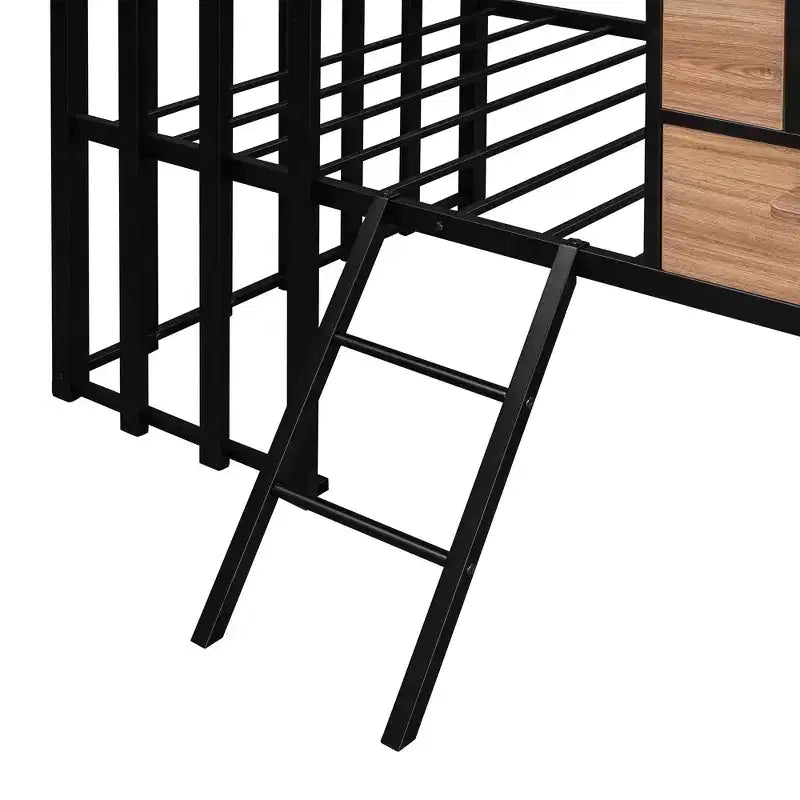 Lit mezzanine en métal en forme de maison, jumeau, 1 personne – Noir / Argent / Blanc