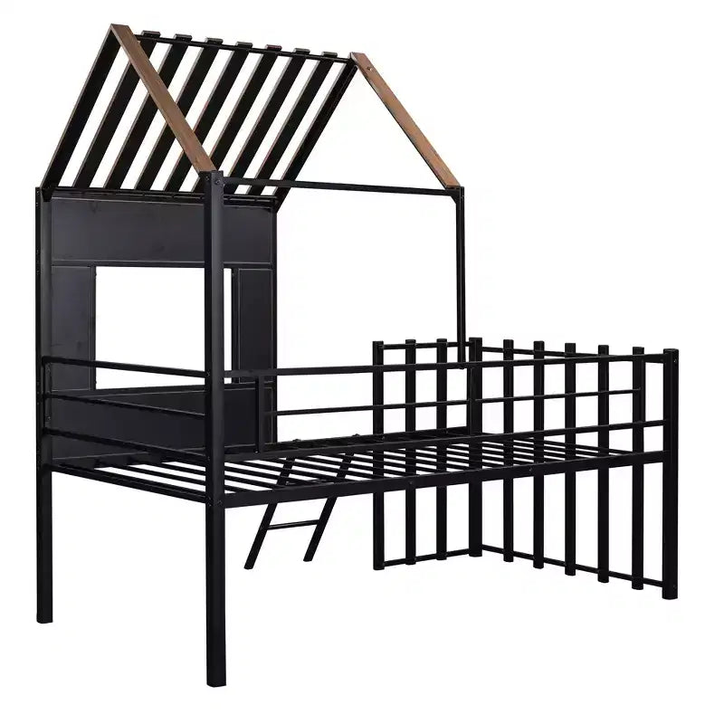 Lit mezzanine en métal en forme de maison, jumeau, 1 personne – Noir / Argent / Blanc