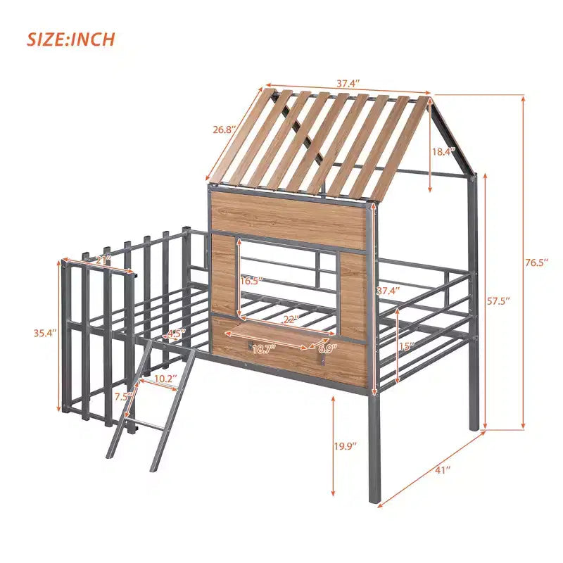 Lit mezzanine en métal en forme de maison, jumeau, 1 personne – Noir / Argent / Blanc