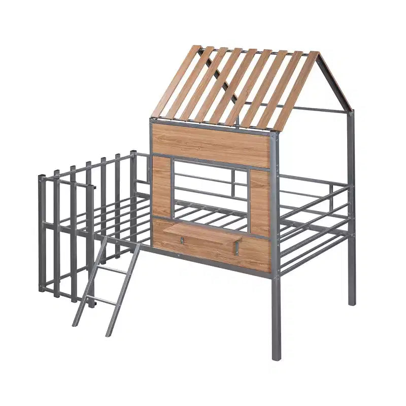 Lit mezzanine en métal en forme de maison, jumeau, 1 personne – Noir / Argent / Blanc
