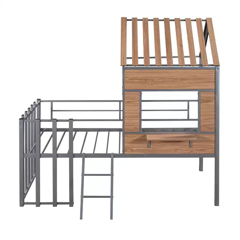 Lit mezzanine en métal en forme de maison, jumeau, 1 personne – Noir / Argent / Blanc