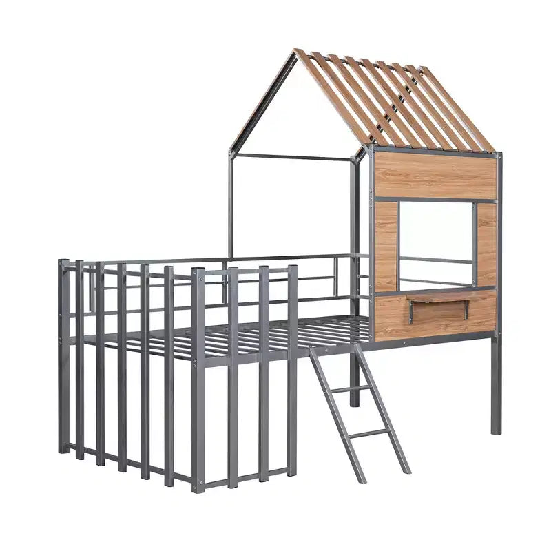 Lit mezzanine en métal en forme de maison, jumeau, 1 personne – Noir / Argent / Blanc