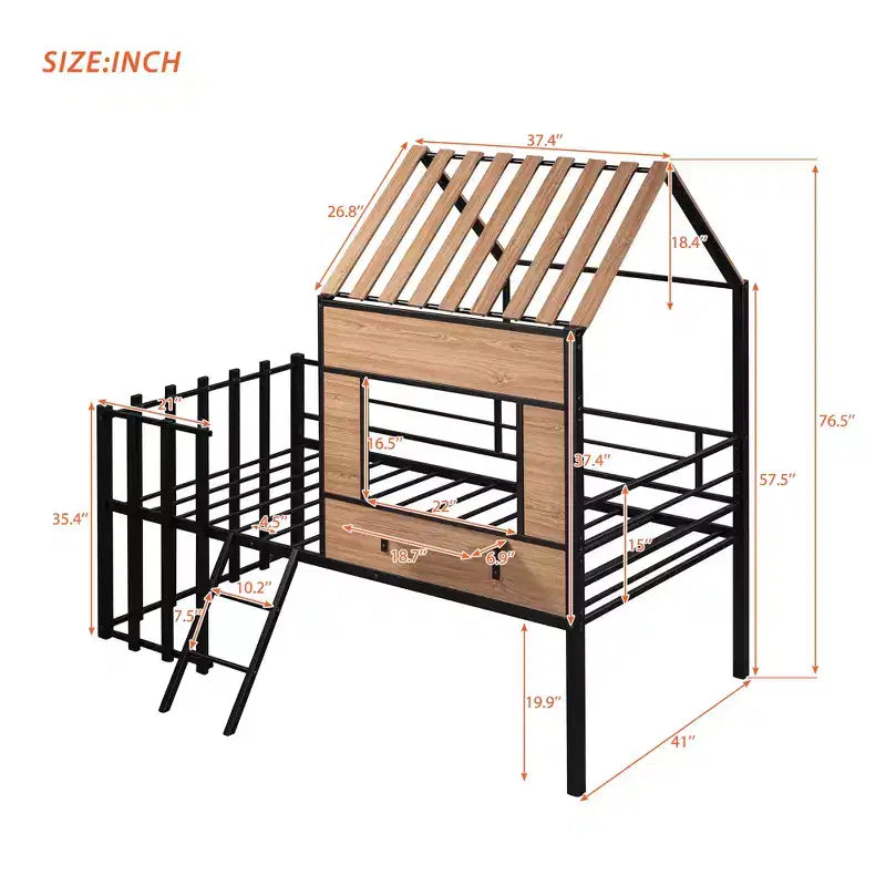 Lit mezzanine en métal en forme de maison, jumeau, 1 personne – Noir / Argent / Blanc
