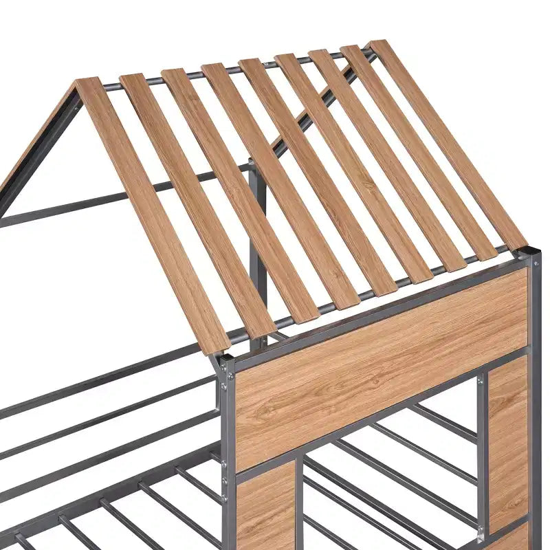 Lit mezzanine en métal en forme de maison, jumeau, 1 personne – Noir / Argent / Blanc