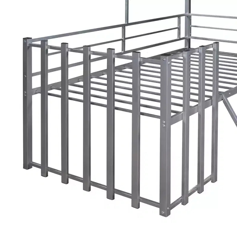 Lit mezzanine en métal en forme de maison, jumeau, 1 personne – Noir / Argent / Blanc