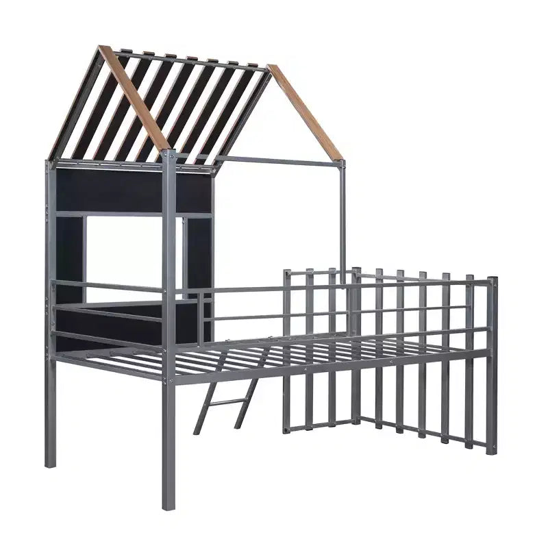 Lit mezzanine en métal en forme de maison, jumeau, 1 personne – Noir / Argent / Blanc
