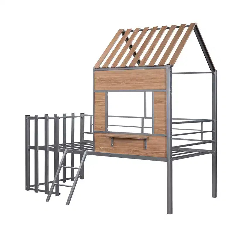 Lit mezzanine en métal en forme de maison, jumeau, 1 personne – Noir / Argent / Blanc