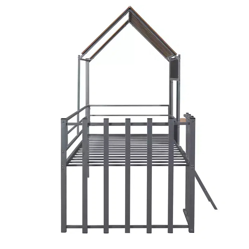 Lit mezzanine en métal en forme de maison, jumeau, 1 personne – Noir / Argent / Blanc