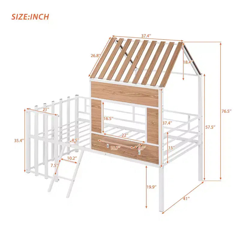 Lit mezzanine en métal en forme de maison, jumeau, 1 personne – Noir / Argent / Blanc