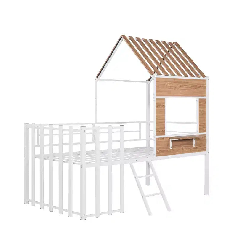 Lit mezzanine en métal en forme de maison, jumeau, 1 personne – Noir / Argent / Blanc