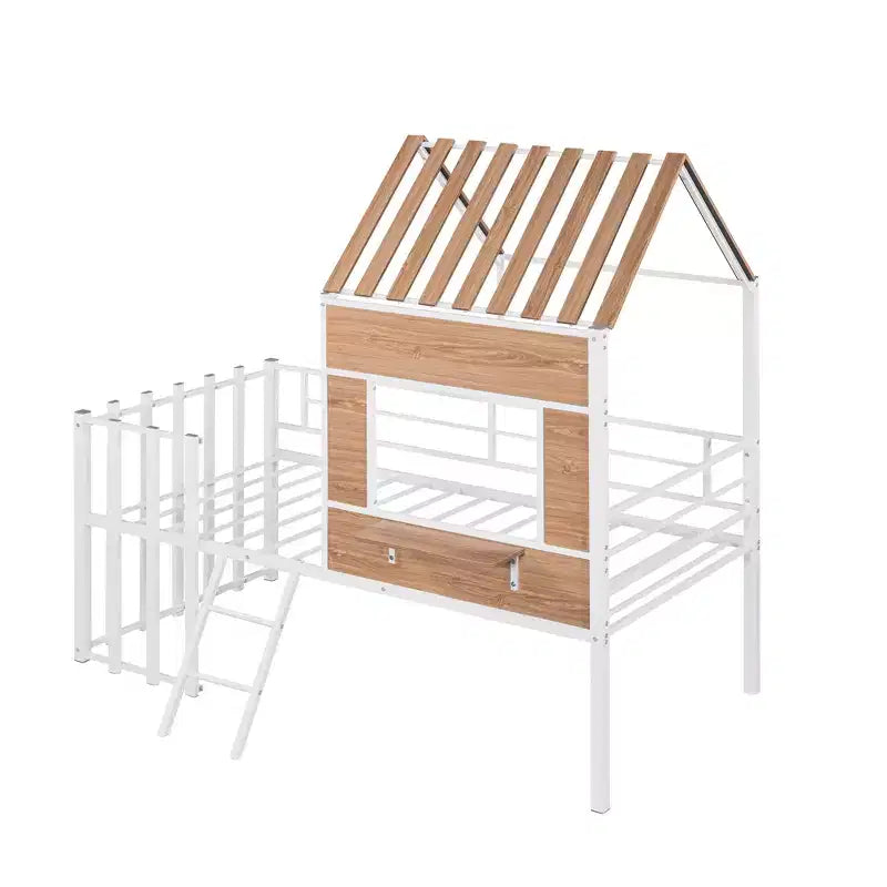 Lit mezzanine en métal en forme de maison, jumeau, 1 personne – Noir / Argent / Blanc