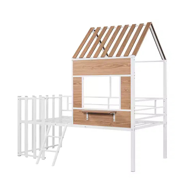 Lit mezzanine en métal en forme de maison, jumeau, 1 personne – Noir / Argent / Blanc