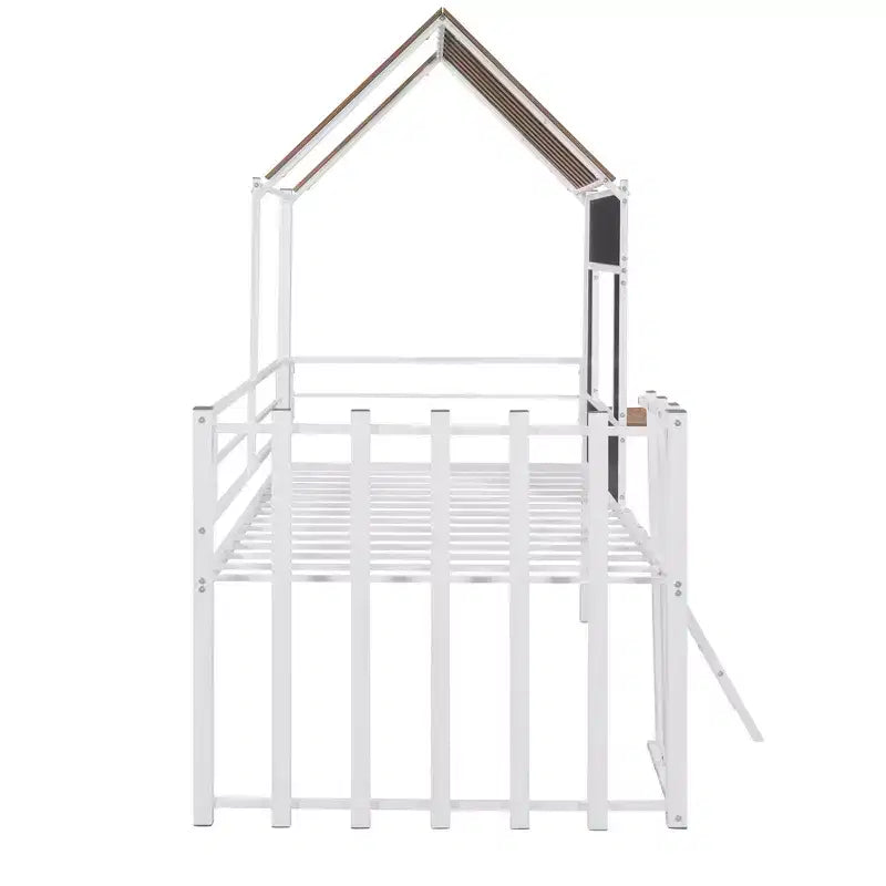 Lit mezzanine en métal en forme de maison, jumeau, 1 personne – Noir / Argent / Blanc