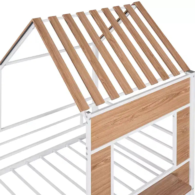 Lit mezzanine en métal en forme de maison, jumeau, 1 personne – Noir / Argent / Blanc