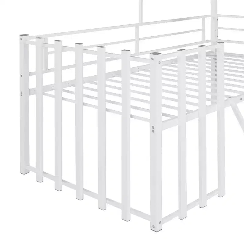 Lit mezzanine en métal en forme de maison, jumeau, 1 personne – Noir / Argent / Blanc