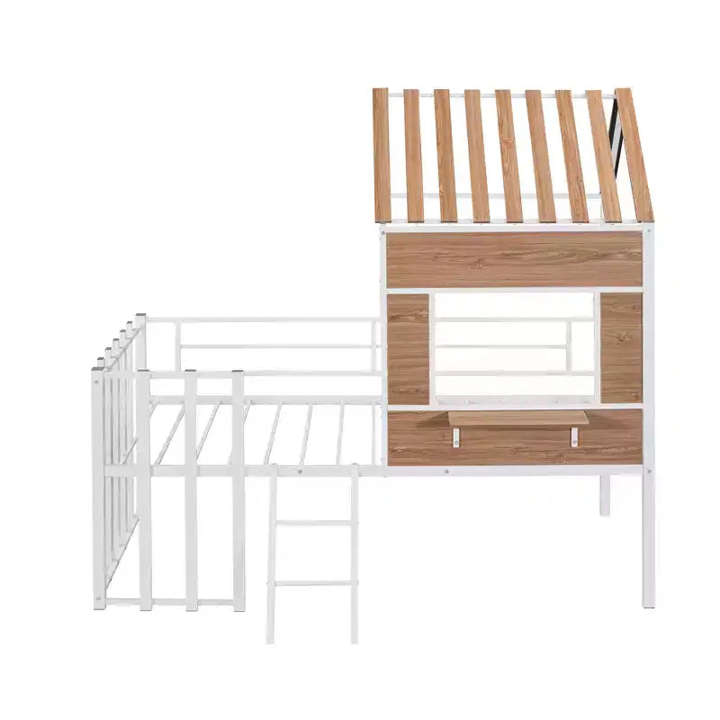 Lit mezzanine en métal en forme de maison, jumeau, 1 personne – Noir / Argent / Blanc