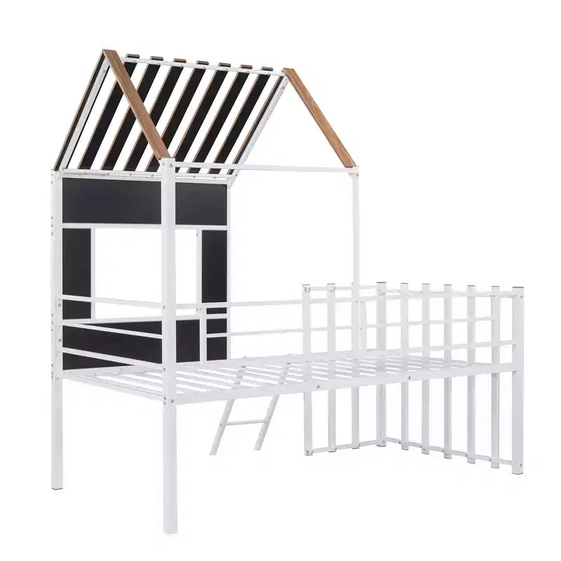 Lit mezzanine en métal en forme de maison, jumeau, 1 personne – Noir / Argent / Blanc